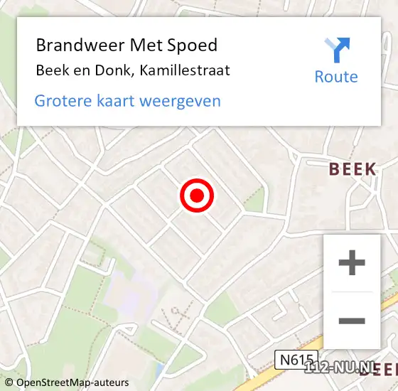 Locatie op kaart van de 112 melding: Brandweer Met Spoed Naar Beek en Donk, Kamillestraat op 25 oktober 2022 16:53