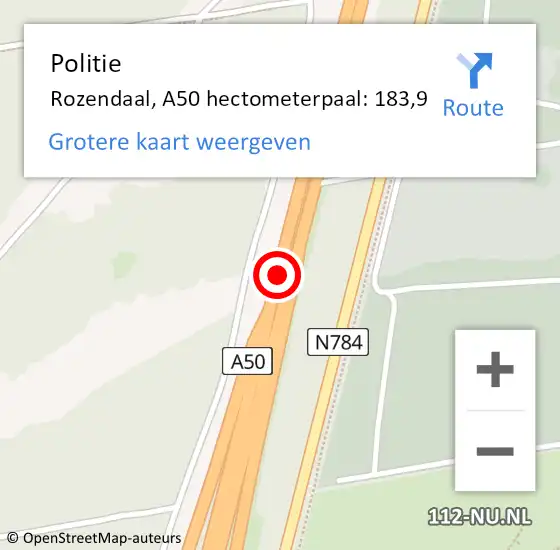 Locatie op kaart van de 112 melding: Politie Rozendaal, A50 hectometerpaal: 183,9 op 25 oktober 2022 17:28