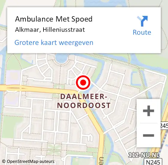 Locatie op kaart van de 112 melding: Ambulance Met Spoed Naar Alkmaar, Hilleniusstraat op 25 oktober 2022 17:34