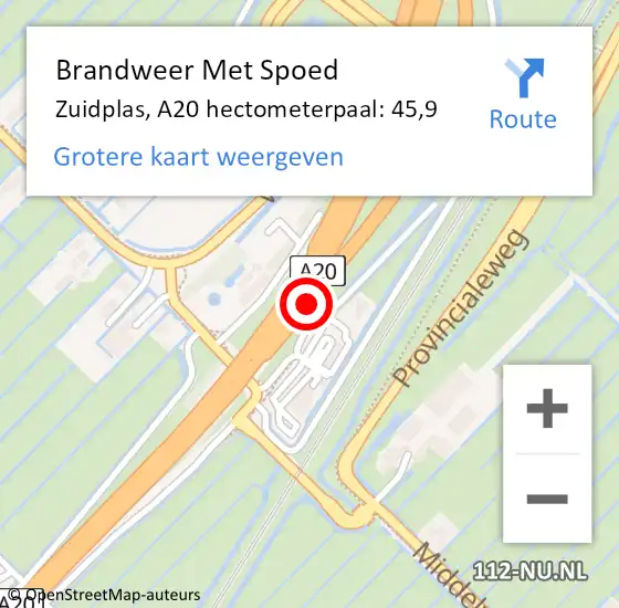 Locatie op kaart van de 112 melding: Brandweer Met Spoed Naar Zuidplas, A20 hectometerpaal: 45,9 op 25 oktober 2022 18:36