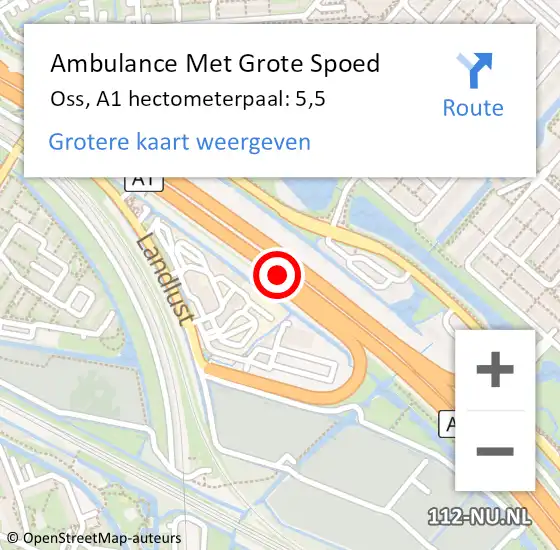 Locatie op kaart van de 112 melding: Ambulance Met Grote Spoed Naar Oss, A1 hectometerpaal: 5,5 op 25 oktober 2022 18:52