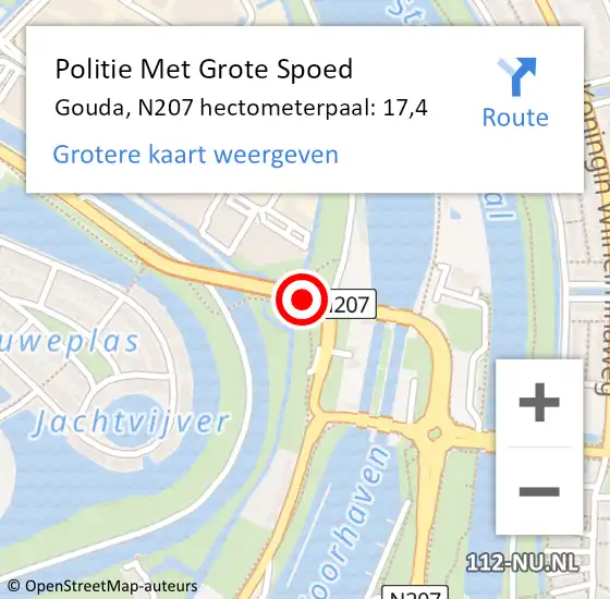 Locatie op kaart van de 112 melding: Politie Met Grote Spoed Naar Gouda, N207 hectometerpaal: 17,4 op 25 oktober 2022 20:25