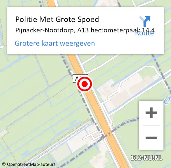 Locatie op kaart van de 112 melding: Politie Met Grote Spoed Naar Rotterdam, A13 hectometerpaal: 14,4 op 25 oktober 2022 22:03