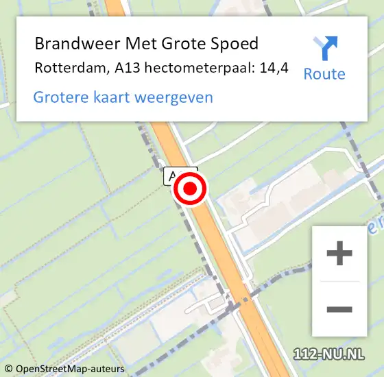 Locatie op kaart van de 112 melding: Brandweer Met Grote Spoed Naar Rotterdam, A13 hectometerpaal: 14,4 op 25 oktober 2022 22:04