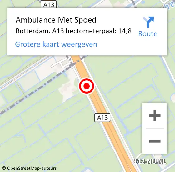 Locatie op kaart van de 112 melding: Ambulance Met Spoed Naar Rotterdam, A13 hectometerpaal: 14,8 op 25 oktober 2022 22:09