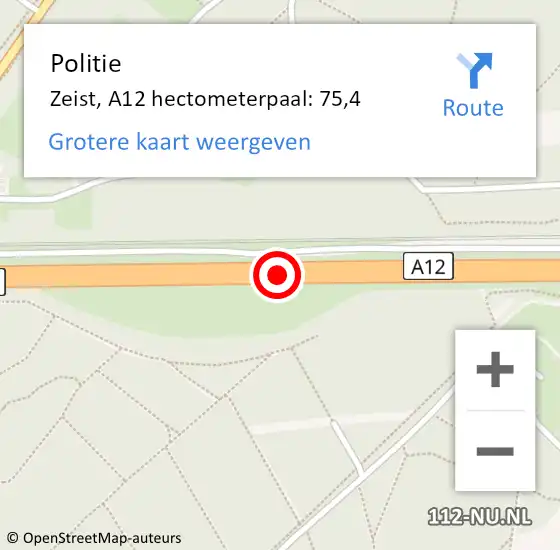 Locatie op kaart van de 112 melding: Politie Zeist, A12 hectometerpaal: 75,4 op 25 oktober 2022 23:15