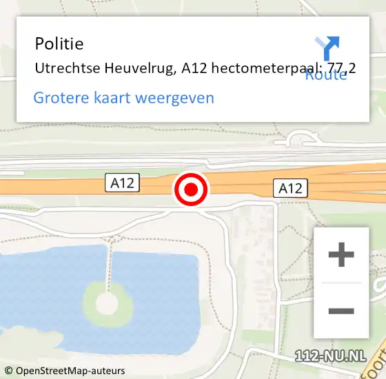 Locatie op kaart van de 112 melding: Politie Utrechtse Heuvelrug, A12 hectometerpaal: 77,2 op 25 oktober 2022 23:25