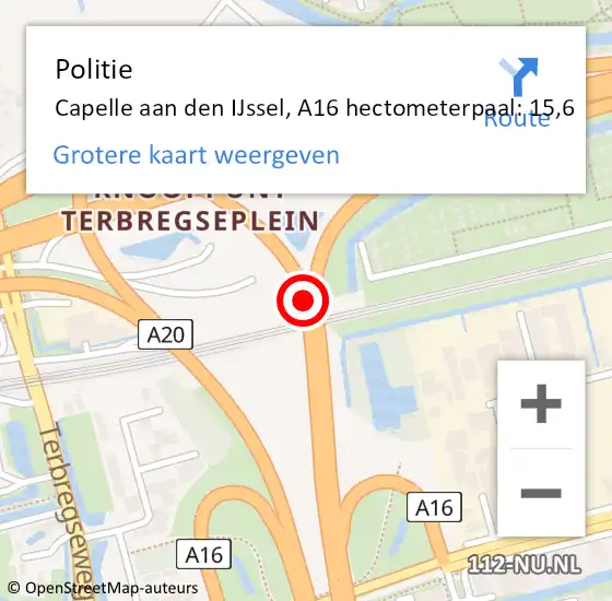 Locatie op kaart van de 112 melding: Politie Rotterdam, A16 hectometerpaal: 15,6 op 26 oktober 2022 01:16