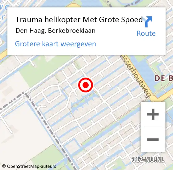 Locatie op kaart van de 112 melding: Trauma helikopter Met Grote Spoed Naar Den Haag, Berkebroeklaan op 26 oktober 2022 04:00