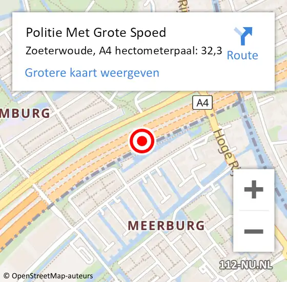 Locatie op kaart van de 112 melding: Politie Met Grote Spoed Naar Zoeterwoude, A4 hectometerpaal: 32,3 op 26 oktober 2022 06:41