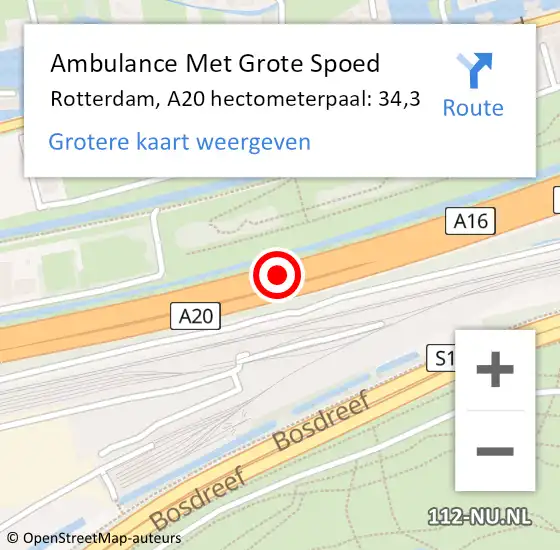 Locatie op kaart van de 112 melding: Ambulance Met Grote Spoed Naar Rotterdam, A20 hectometerpaal: 34,3 op 26 oktober 2022 06:43