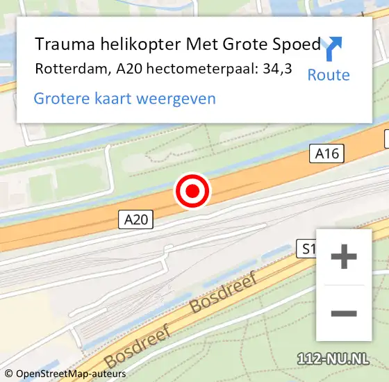Locatie op kaart van de 112 melding: Trauma helikopter Met Grote Spoed Naar Rotterdam, A20 hectometerpaal: 34,3 op 26 oktober 2022 06:45