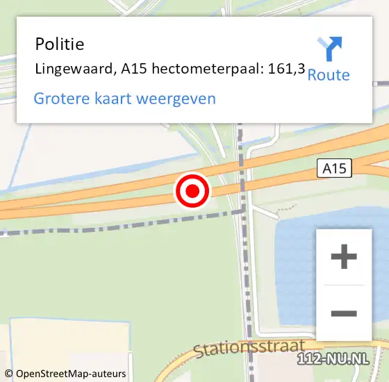 Locatie op kaart van de 112 melding: Politie Lingewaard, A15 hectometerpaal: 161,3 op 26 oktober 2022 10:13