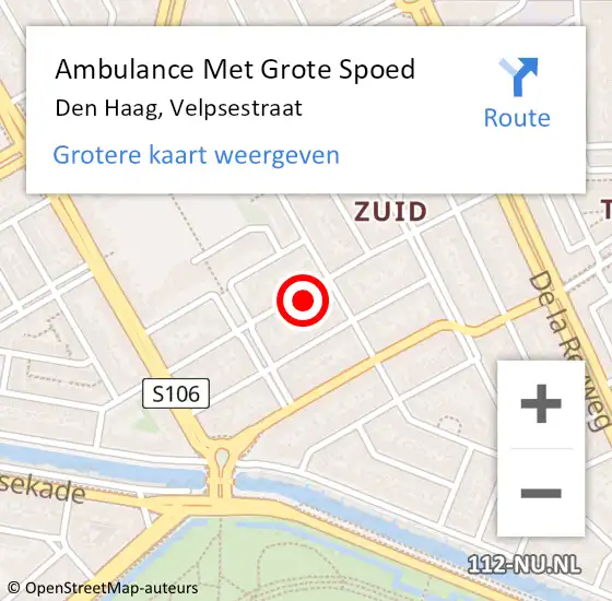 Locatie op kaart van de 112 melding: Ambulance Met Grote Spoed Naar Den Haag, Velpsestraat op 26 oktober 2022 11:42