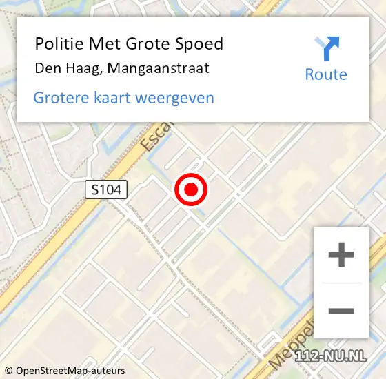 Locatie op kaart van de 112 melding: Politie Met Grote Spoed Naar Den Haag, Mangaanstraat op 26 oktober 2022 12:48