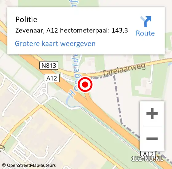 Locatie op kaart van de 112 melding: Politie Zevenaar, A12 hectometerpaal: 143,3 op 26 oktober 2022 15:15