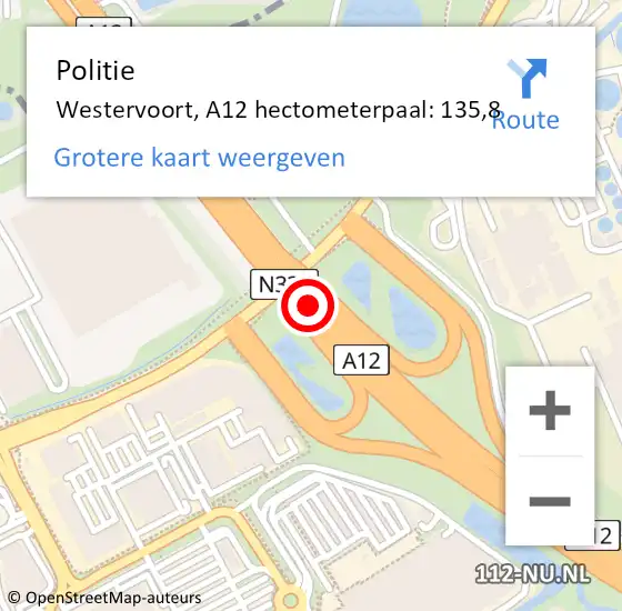 Locatie op kaart van de 112 melding: Politie Westervoort, A12 hectometerpaal: 135,8 op 26 oktober 2022 15:17