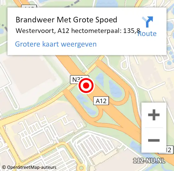 Locatie op kaart van de 112 melding: Brandweer Met Grote Spoed Naar Westervoort, A12 hectometerpaal: 135,8 op 26 oktober 2022 15:19