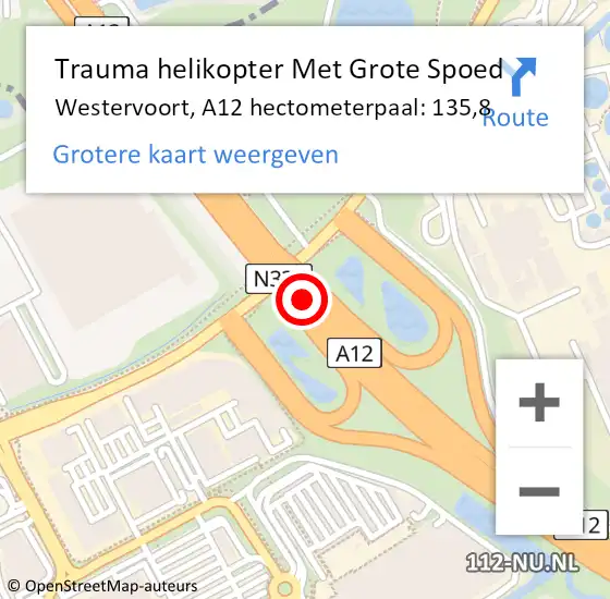 Locatie op kaart van de 112 melding: Trauma helikopter Met Grote Spoed Naar Westervoort, A12 hectometerpaal: 135,8 op 26 oktober 2022 15:20