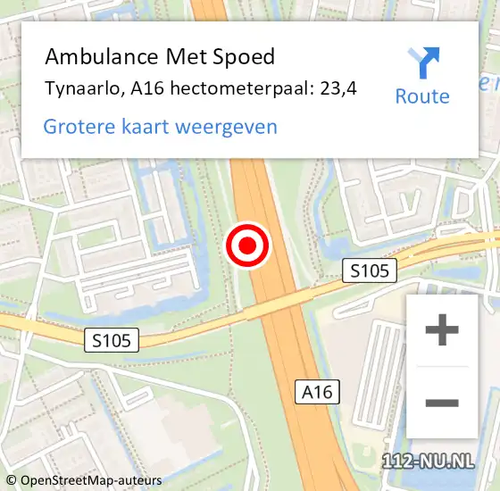 Locatie op kaart van de 112 melding: Ambulance Met Spoed Naar Tynaarlo, A16 hectometerpaal: 23,4 op 26 oktober 2022 16:18