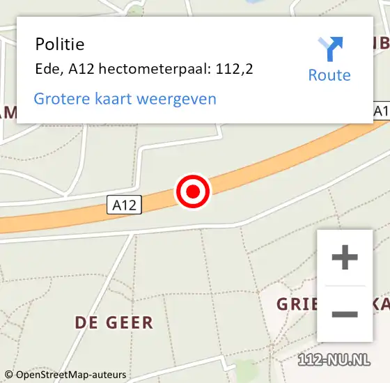 Locatie op kaart van de 112 melding: Politie Ede, A12 hectometerpaal: 112,2 op 26 oktober 2022 17:08