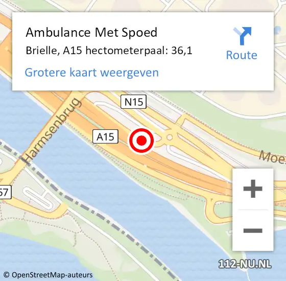 Locatie op kaart van de 112 melding: Ambulance Met Spoed Naar Brielle, A15 hectometerpaal: 36,1 op 26 oktober 2022 17:11