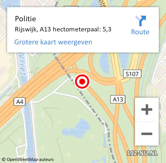 Locatie op kaart van de 112 melding: Politie Den Haag, A13 hectometerpaal: 5,3 op 26 oktober 2022 18:05