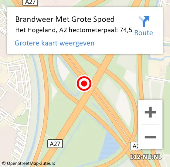 Locatie op kaart van de 112 melding: Brandweer Met Grote Spoed Naar Het Hogeland, A2 hectometerpaal: 74,5 op 26 oktober 2022 19:48