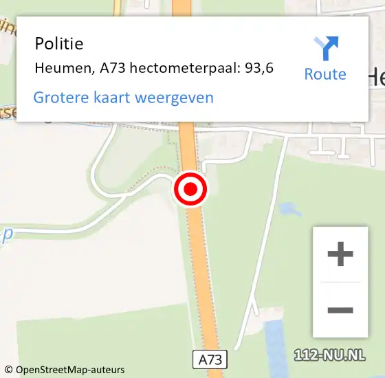 Locatie op kaart van de 112 melding: Politie Heumen, A73 hectometerpaal: 93,6 op 26 oktober 2022 20:21