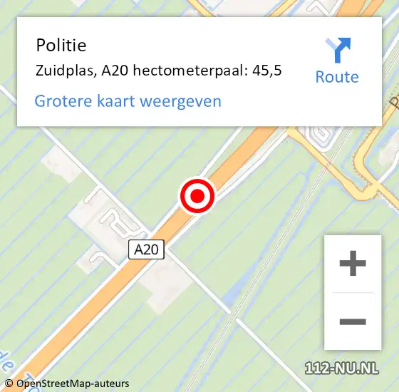 Locatie op kaart van de 112 melding: Politie Zuidplas, A20 hectometerpaal: 45,5 op 26 oktober 2022 20:58