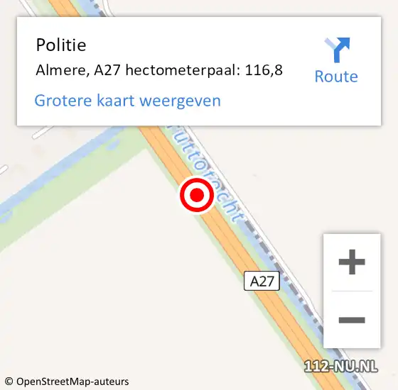 Locatie op kaart van de 112 melding: Politie Almere, A27 hectometerpaal: 116,8 op 26 oktober 2022 21:36