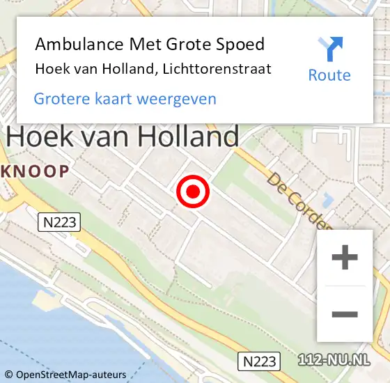 Locatie op kaart van de 112 melding: Ambulance Met Grote Spoed Naar Hoek van Holland, Lichttorenstraat op 26 oktober 2022 23:05