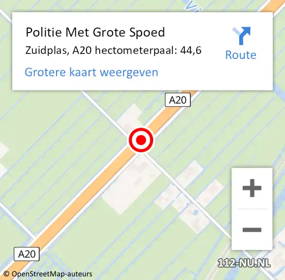 Locatie op kaart van de 112 melding: Politie Met Grote Spoed Naar Zuidplas, A20 hectometerpaal: 44,6 op 27 oktober 2022 07:44