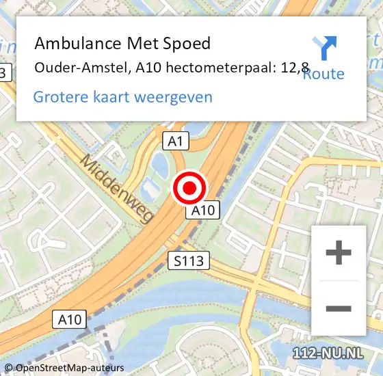 Locatie op kaart van de 112 melding: Ambulance Met Spoed Naar Ouder-Amstel, A10 hectometerpaal: 12,8 op 27 oktober 2022 08:07