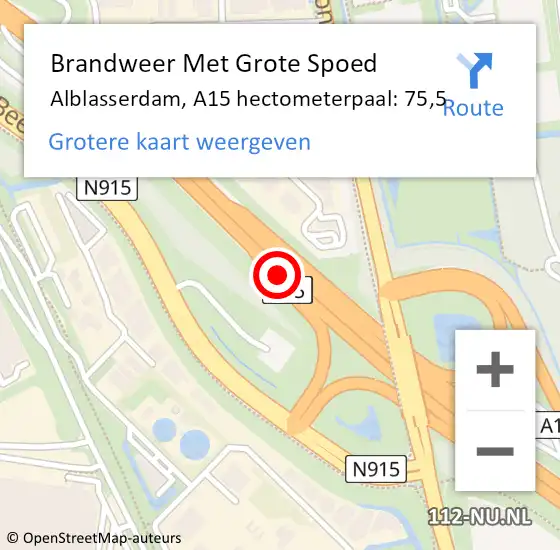 Locatie op kaart van de 112 melding: Brandweer Met Grote Spoed Naar Alblasserdam, A15 hectometerpaal: 75,5 op 27 oktober 2022 08:46