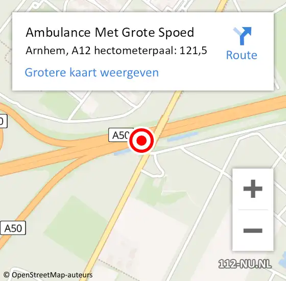 Locatie op kaart van de 112 melding: Ambulance Met Grote Spoed Naar Arnhem, A12 hectometerpaal: 121,5 op 27 oktober 2022 10:31