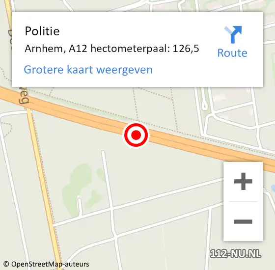 Locatie op kaart van de 112 melding: Politie Arnhem, A12 hectometerpaal: 126,5 op 27 oktober 2022 11:02