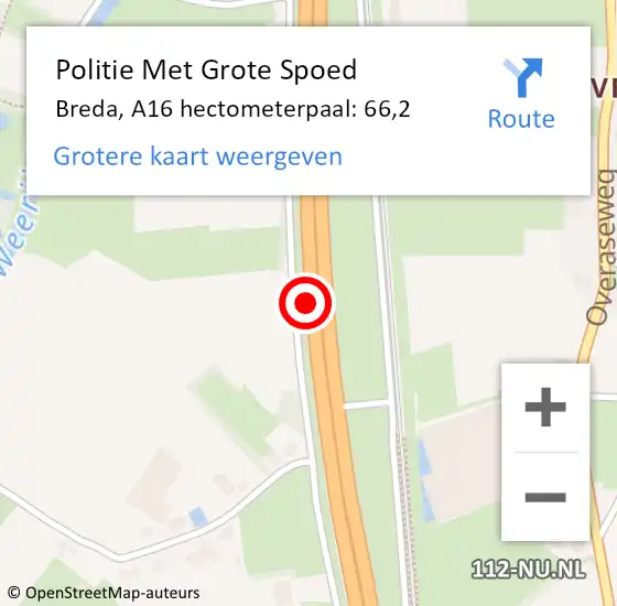 Locatie op kaart van de 112 melding: Politie Met Grote Spoed Naar Breda, A16 hectometerpaal: 66,2 op 27 oktober 2022 11:07