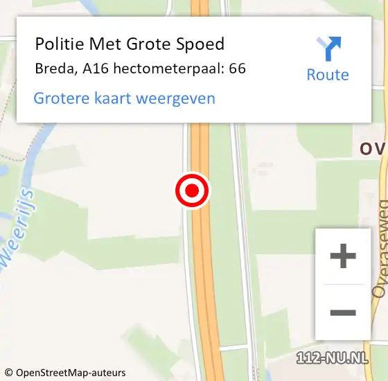 Locatie op kaart van de 112 melding: Politie Met Grote Spoed Naar Breda, A16 hectometerpaal: 66 op 27 oktober 2022 11:09
