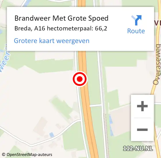 Locatie op kaart van de 112 melding: Brandweer Met Grote Spoed Naar Breda, A16 hectometerpaal: 66,2 op 27 oktober 2022 11:09