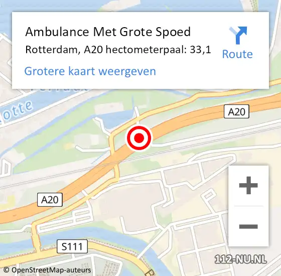 Locatie op kaart van de 112 melding: Ambulance Met Grote Spoed Naar Rotterdam, A20 hectometerpaal: 33,1 op 27 oktober 2022 11:46