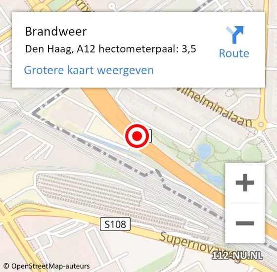 Locatie op kaart van de 112 melding: Brandweer Den Haag, A12 hectometerpaal: 3,5 op 27 oktober 2022 13:29