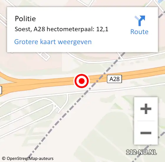 Locatie op kaart van de 112 melding: Politie Soest, A28 hectometerpaal: 12,1 op 27 oktober 2022 15:31