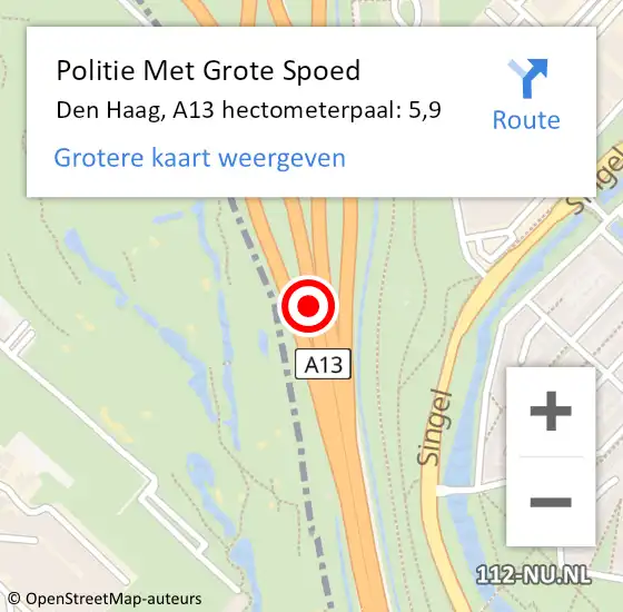 Locatie op kaart van de 112 melding: Politie Met Grote Spoed Naar Den Haag, A13 hectometerpaal: 5,9 op 27 oktober 2022 16:29