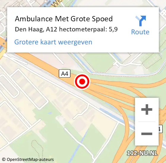 Locatie op kaart van de 112 melding: Ambulance Met Grote Spoed Naar Den Haag, A12 hectometerpaal: 5,9 op 27 oktober 2022 16:56