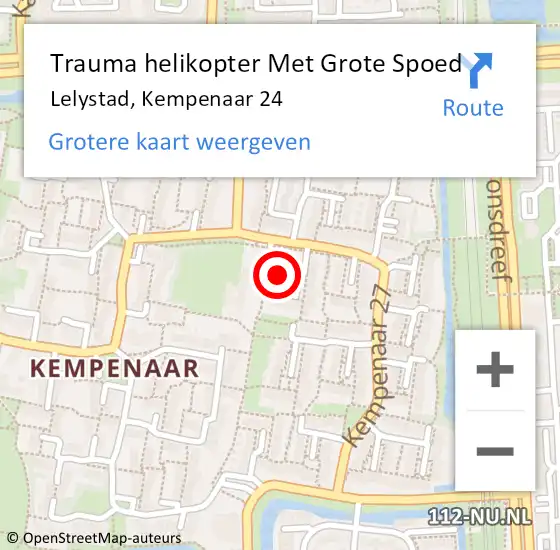 Locatie op kaart van de 112 melding: Trauma helikopter Met Grote Spoed Naar Lelystad, Kempenaar 24 op 27 oktober 2022 17:10