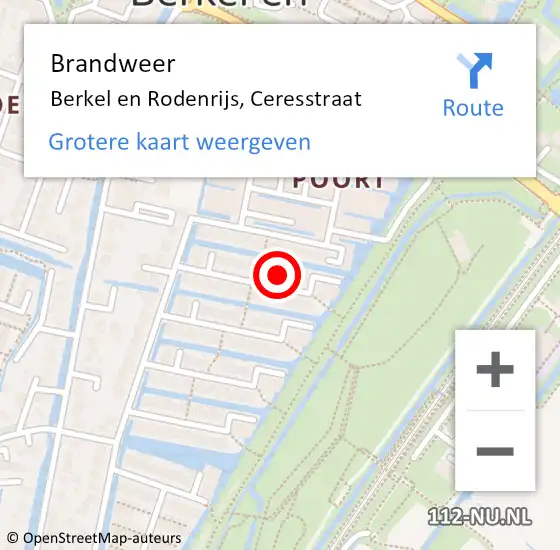 Locatie op kaart van de 112 melding: Brandweer Berkel en Rodenrijs, Ceresstraat op 27 oktober 2022 18:20