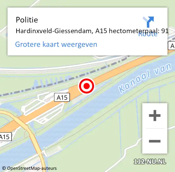 Locatie op kaart van de 112 melding: Politie Hardinxveld-Giessendam, A15 hectometerpaal: 91 op 27 oktober 2022 18:31