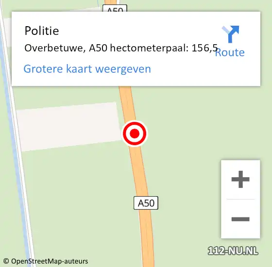 Locatie op kaart van de 112 melding: Politie Overbetuwe, A50 hectometerpaal: 156,5 op 27 oktober 2022 18:31