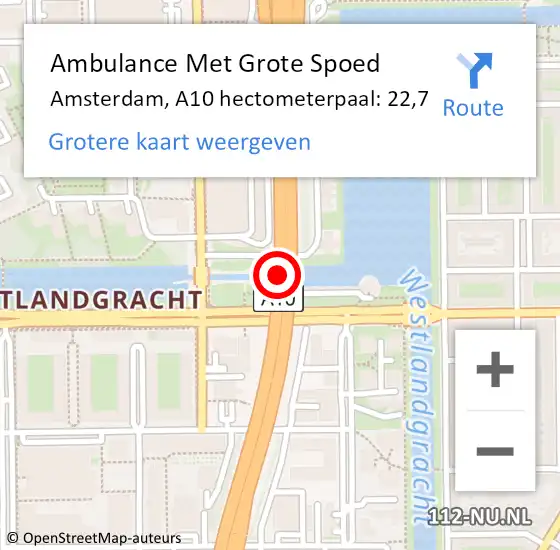 Locatie op kaart van de 112 melding: Ambulance Met Grote Spoed Naar Amsterdam, A10 hectometerpaal: 22,7 op 27 oktober 2022 18:33